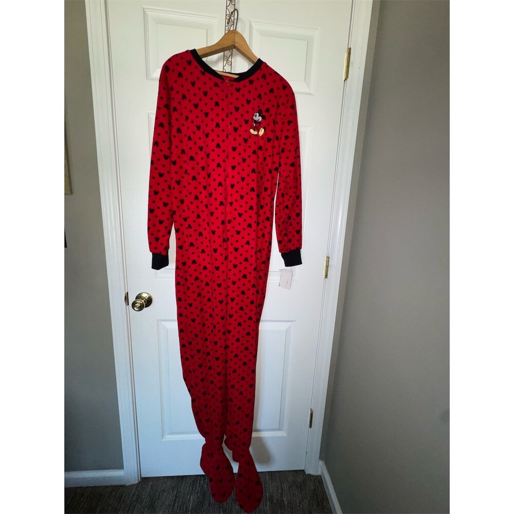 Disney Mickey Mouse Footed Onesie Fleece Pajamas Unisex Large Red Full Zip